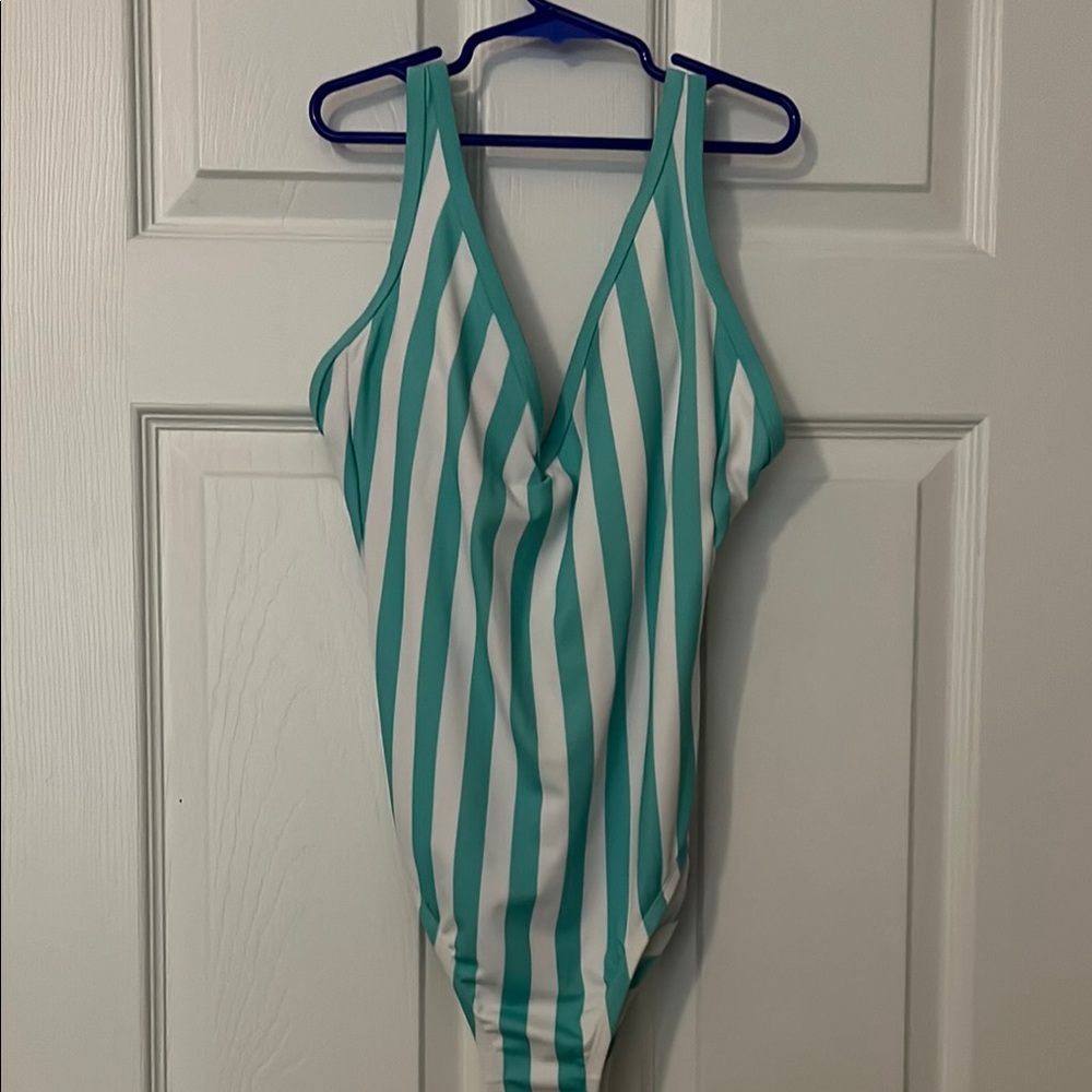 Kona Sol Teal Striped One Piece Swimsuit